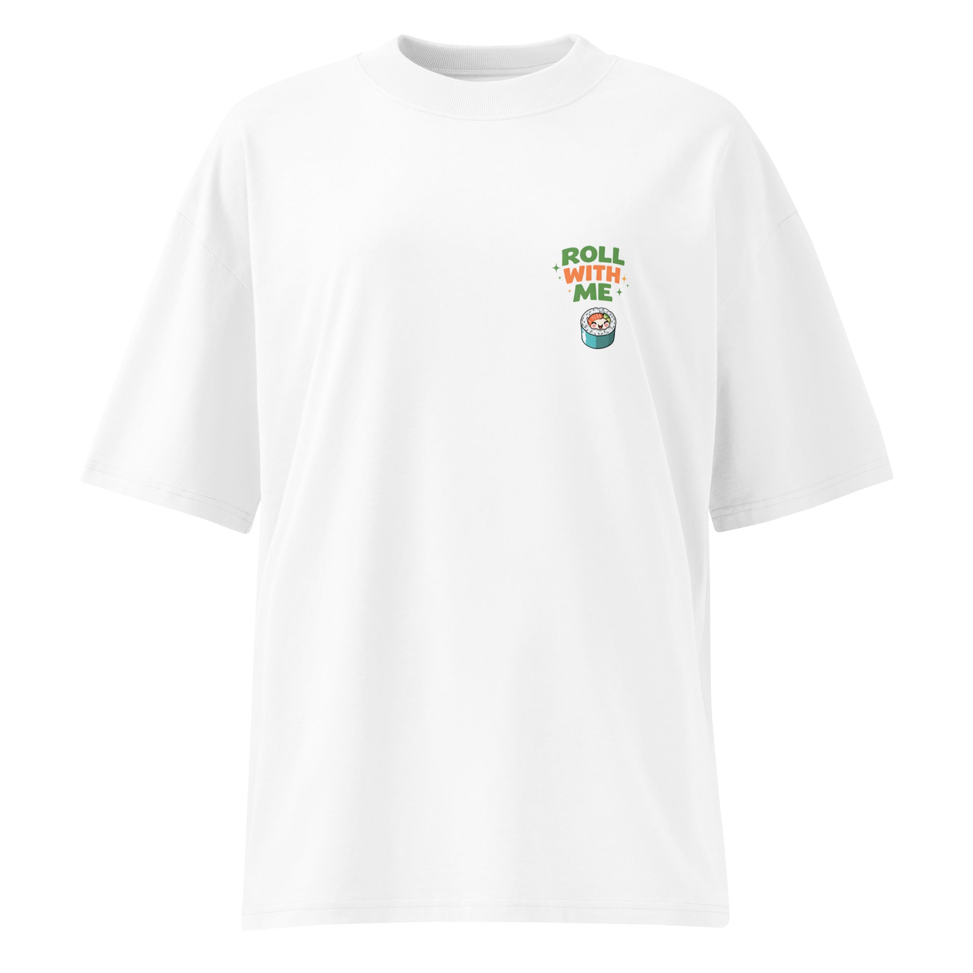 front view white oversized graphic streetwear t shirt roll with me sushi design graphic streetwear
