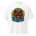 front view oversized white graphic streetwear t shirt neon skull street art design streetwear fashion
