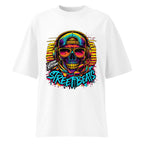front view oversized white graphic streetwear t shirt neon skull graffiti design urban streetwear clothing