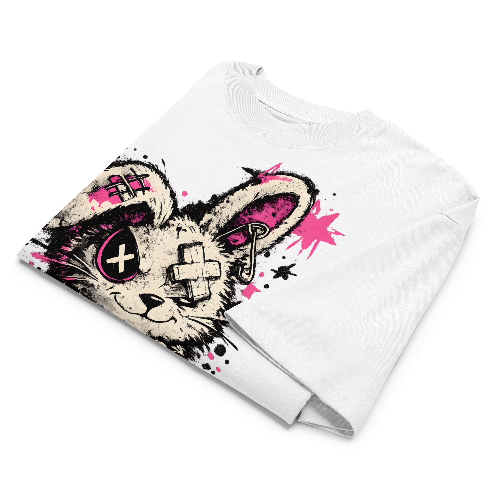 flat lay folded oversized white graphic streetwear t shirt punk rabbit graffiti design urban streetwear clothing