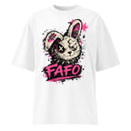 flat lay oversized white graphic streetwear t shirt punk rabbit graffiti graphic urban streetwear clothing