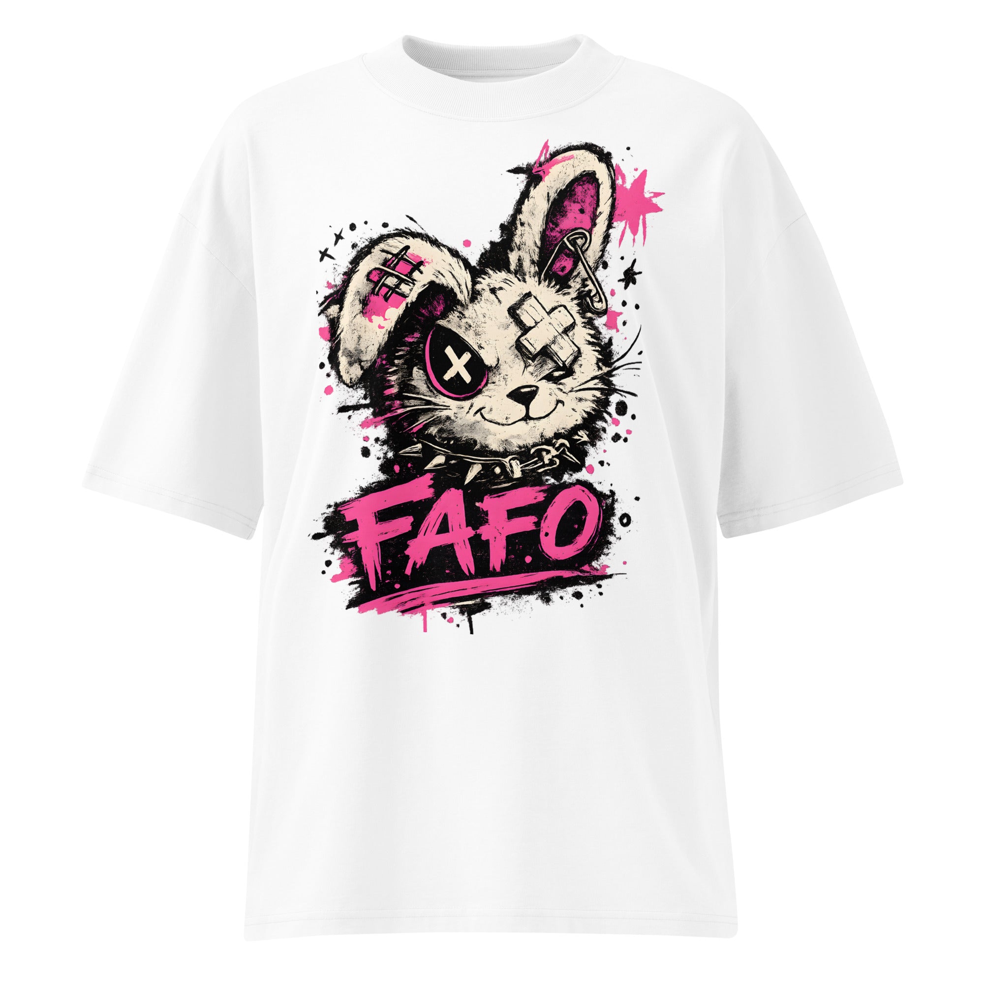 flat lay oversized white graphic streetwear t shirt punk rabbit graffiti graphic urban streetwear clothing
