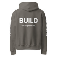 Asphalt unisex oversized hoodie with “Build Under Pressure” statement printed on back, streetwear hoodie back view.
