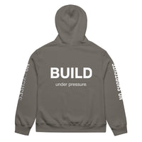 Asphalt unisex oversized hoodie with “Build Under Pressure” statement printed on back, streetwear hoodie back view.