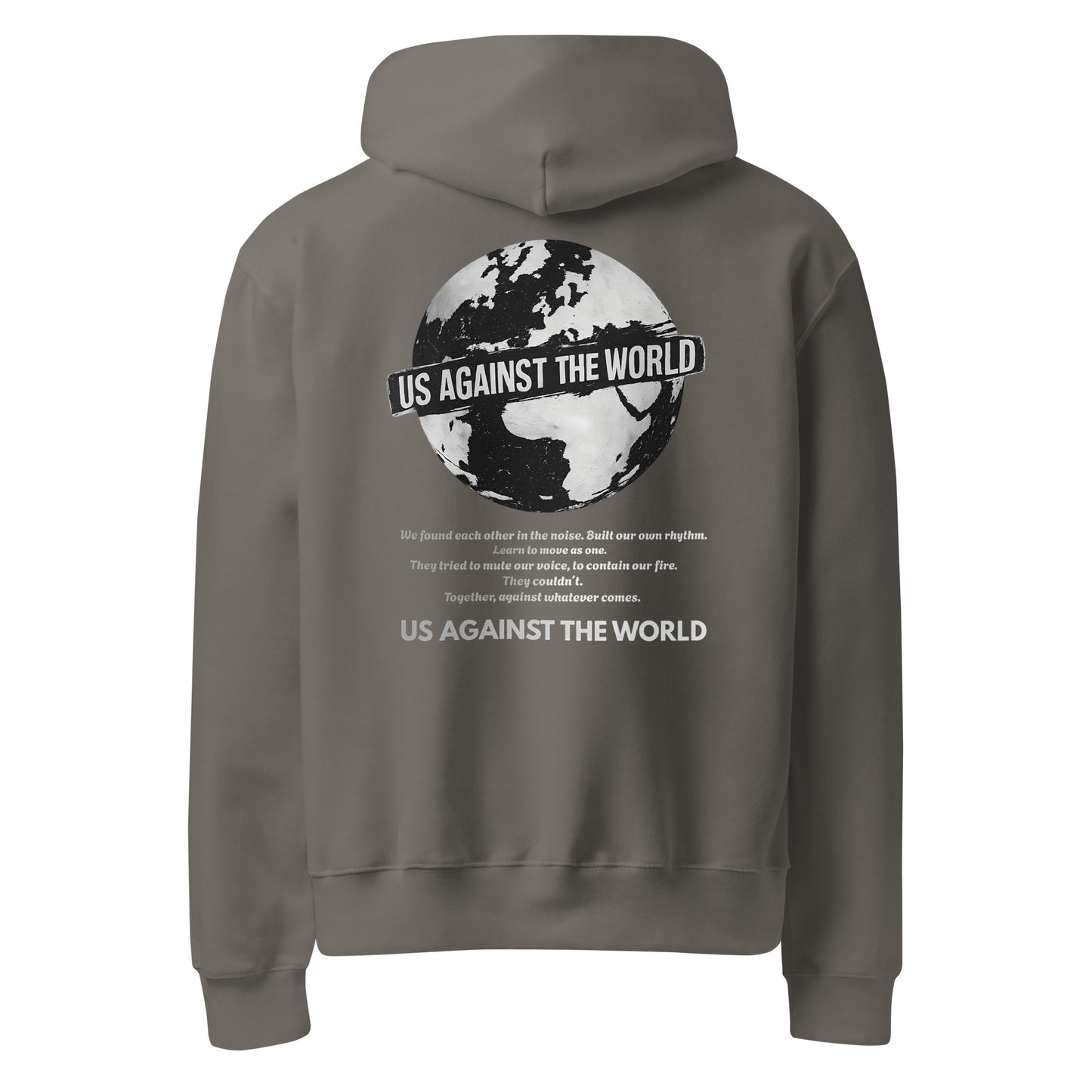 Grey unisex hoodie featuring “Us Against the World” world map graphic on the back, urban streetwear style