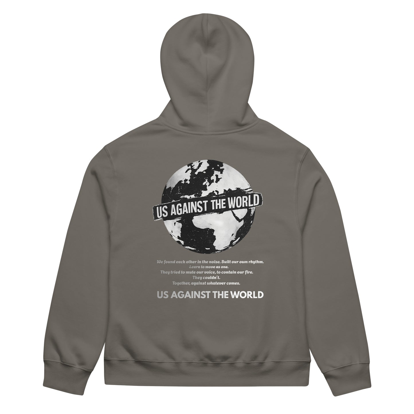 Grey unisex hoodie featuring “Us Against the World” world map graphic on the back, urban streetwear style