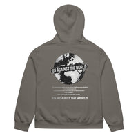 Grey unisex hoodie featuring “Us Against the World” world map graphic on the back, urban streetwear style