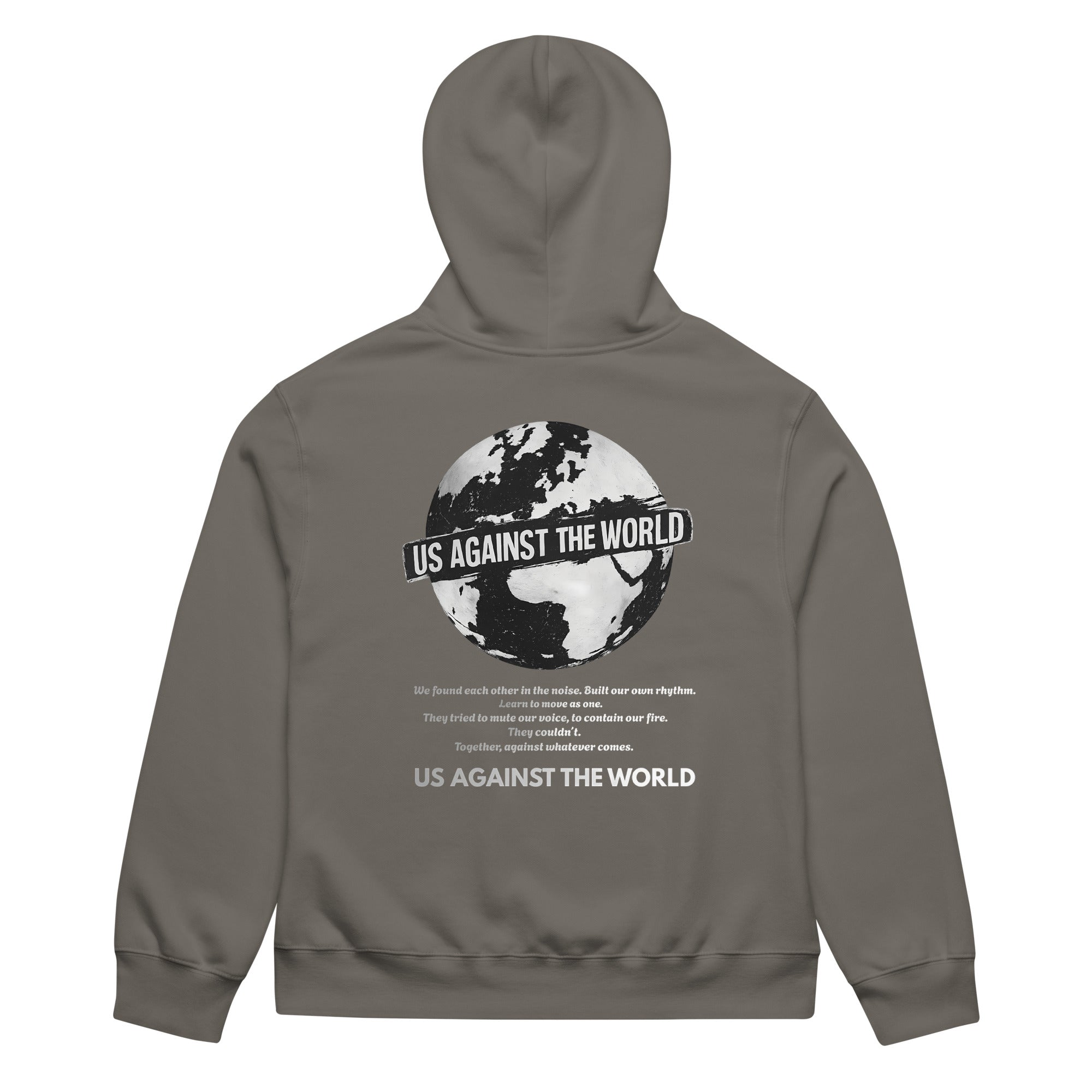 Grey unisex hoodie featuring “Us Against the World” world map graphic on the back, urban streetwear style