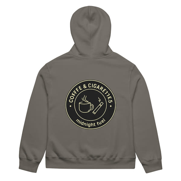 unisex streetwear hoodie back view with “Coffee & Cigarettes Midnight Club” circular graphic print
