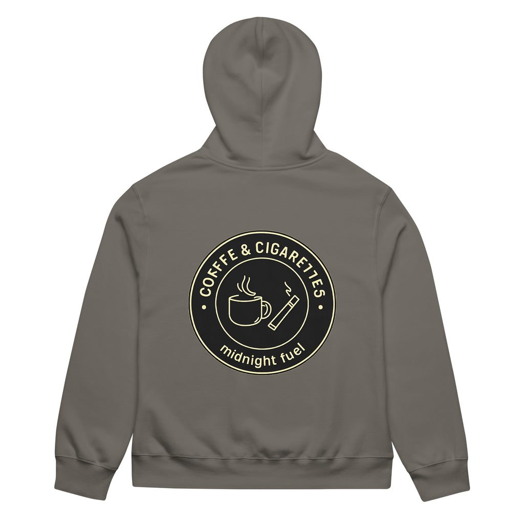unisex streetwear hoodie back view with “Coffee & Cigarettes Midnight Club” circular graphic print
