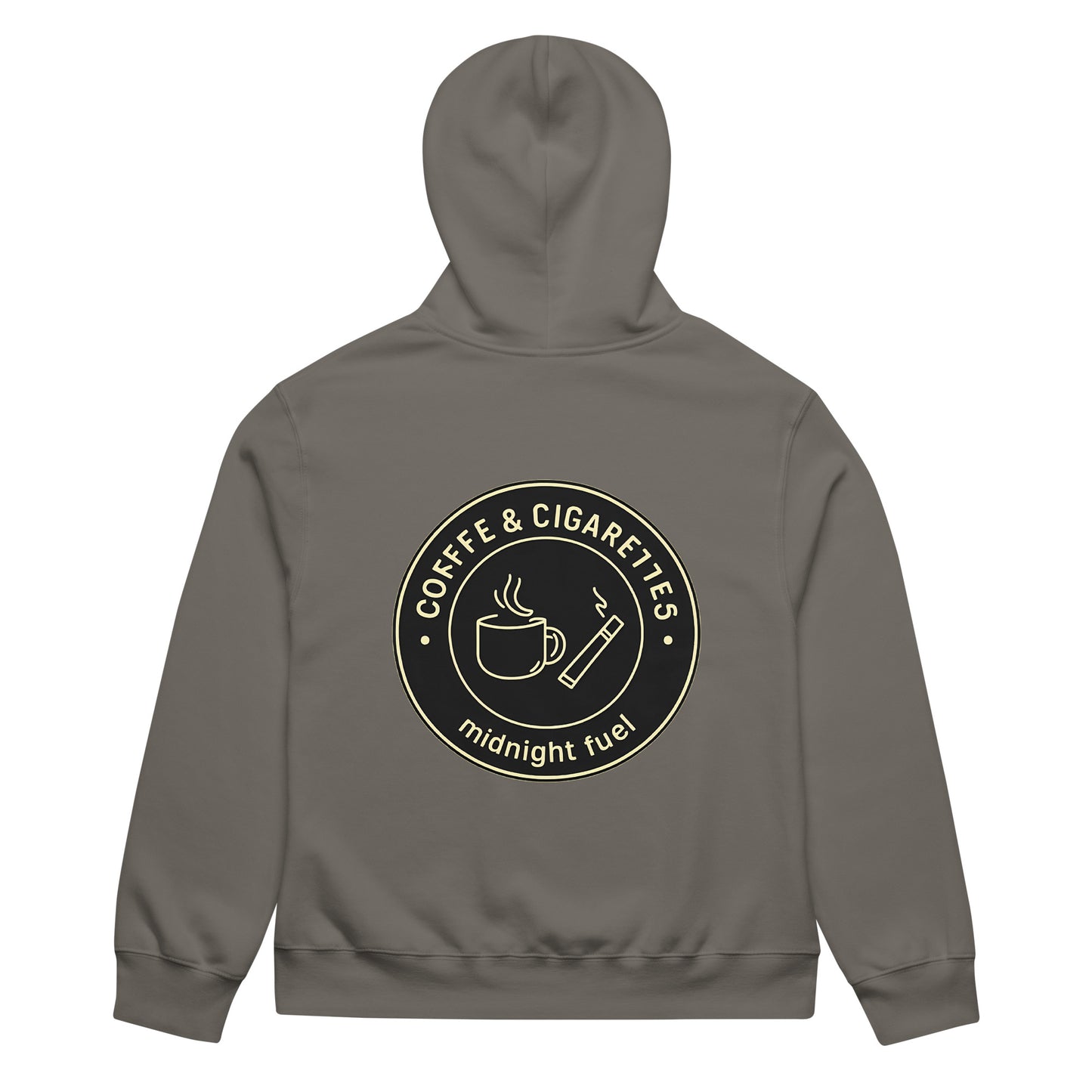 unisex streetwear hoodie back view with “Coffee & Cigarettes Midnight Club” circular graphic print
