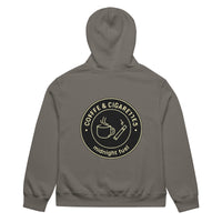 unisex streetwear hoodie back view with “Coffee & Cigarettes Midnight Club” circular graphic print
