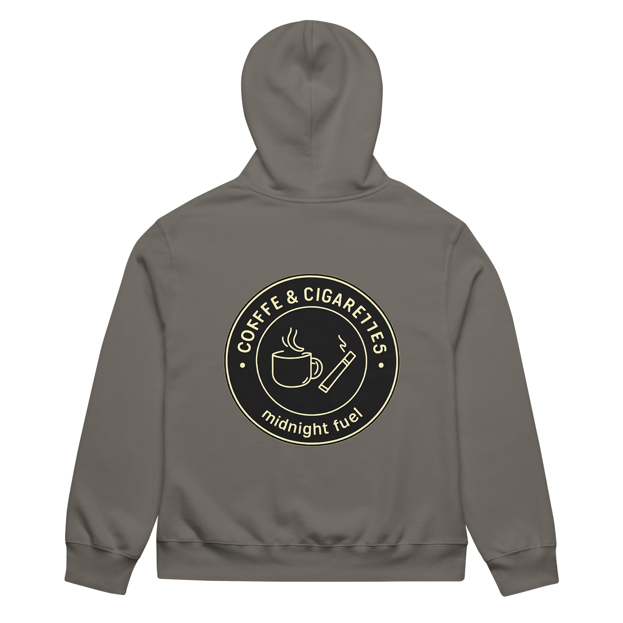 unisex streetwear hoodie back view with “Coffee & Cigarettes Midnight Club” circular graphic print

