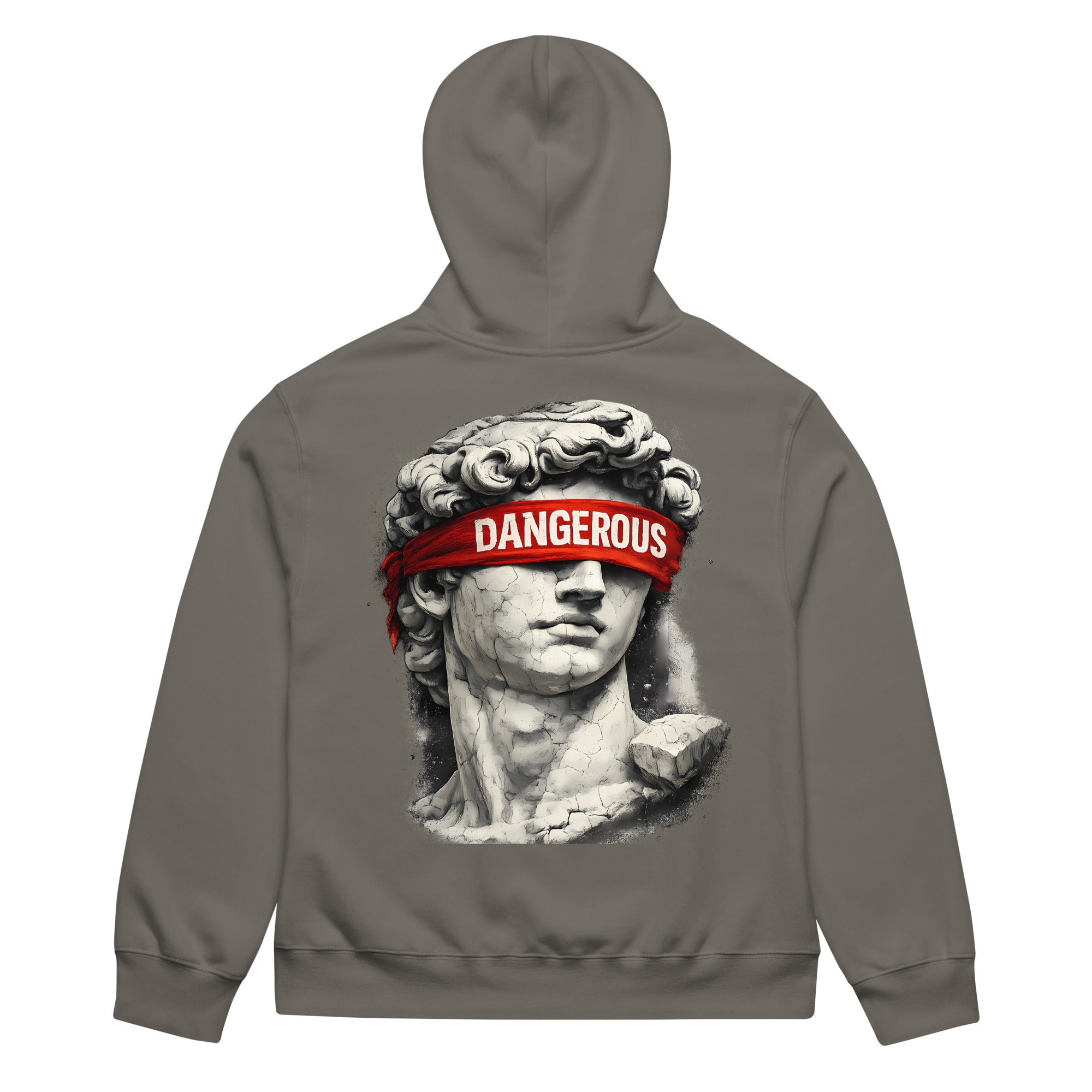 Asphalt oversized hoodie back view with large classical statue head graphic and statement streetwear design