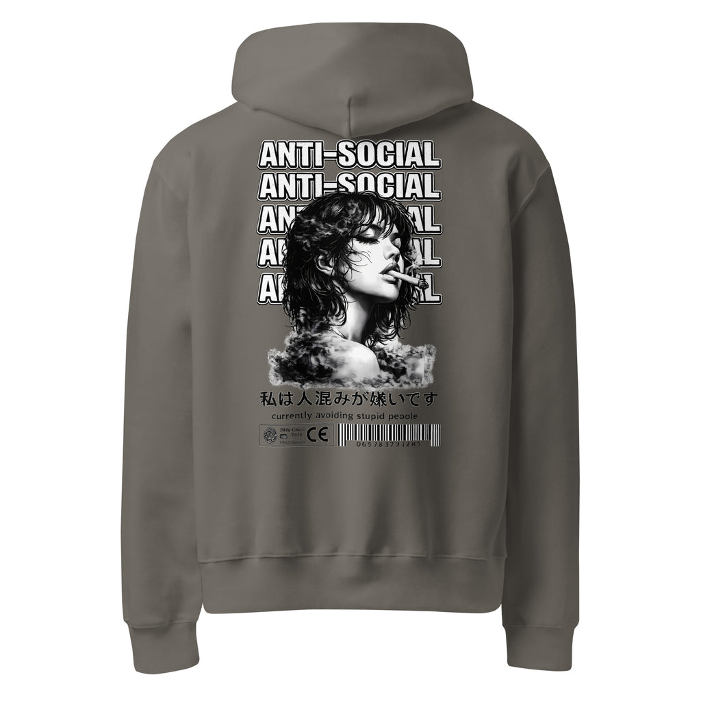 Oversized streetwear hoodie in asphalt with anti social graphic portrait print and typography design, back view