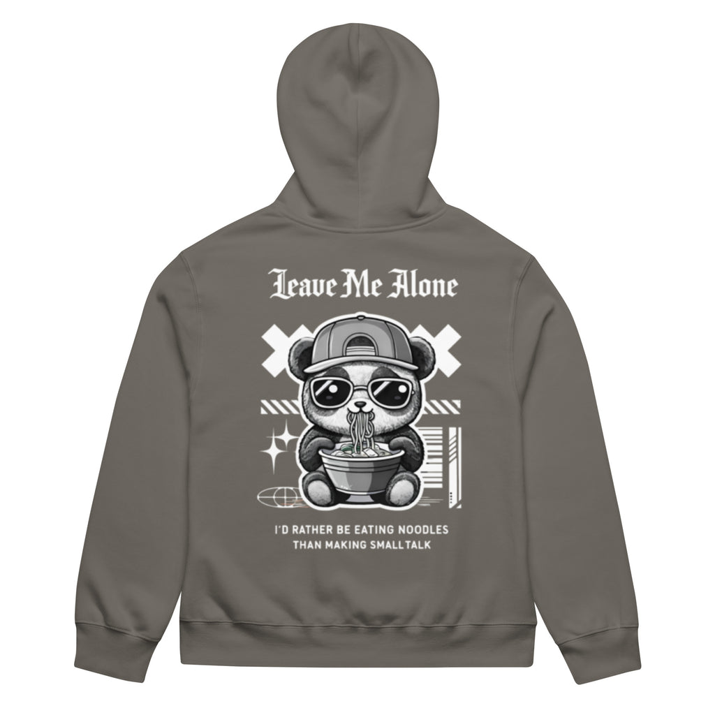 Grey oversized streetwear hoodie with panda eating noodles graphic and “Leave Me Alone – I’d rather be eating noodles than making small talk” back print, unisex casual sweatshirt