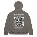 Grey oversized streetwear hoodie with panda eating noodles graphic and “Leave Me Alone – I’d rather be eating noodles than making small talk” back print, unisex casual sweatshirt