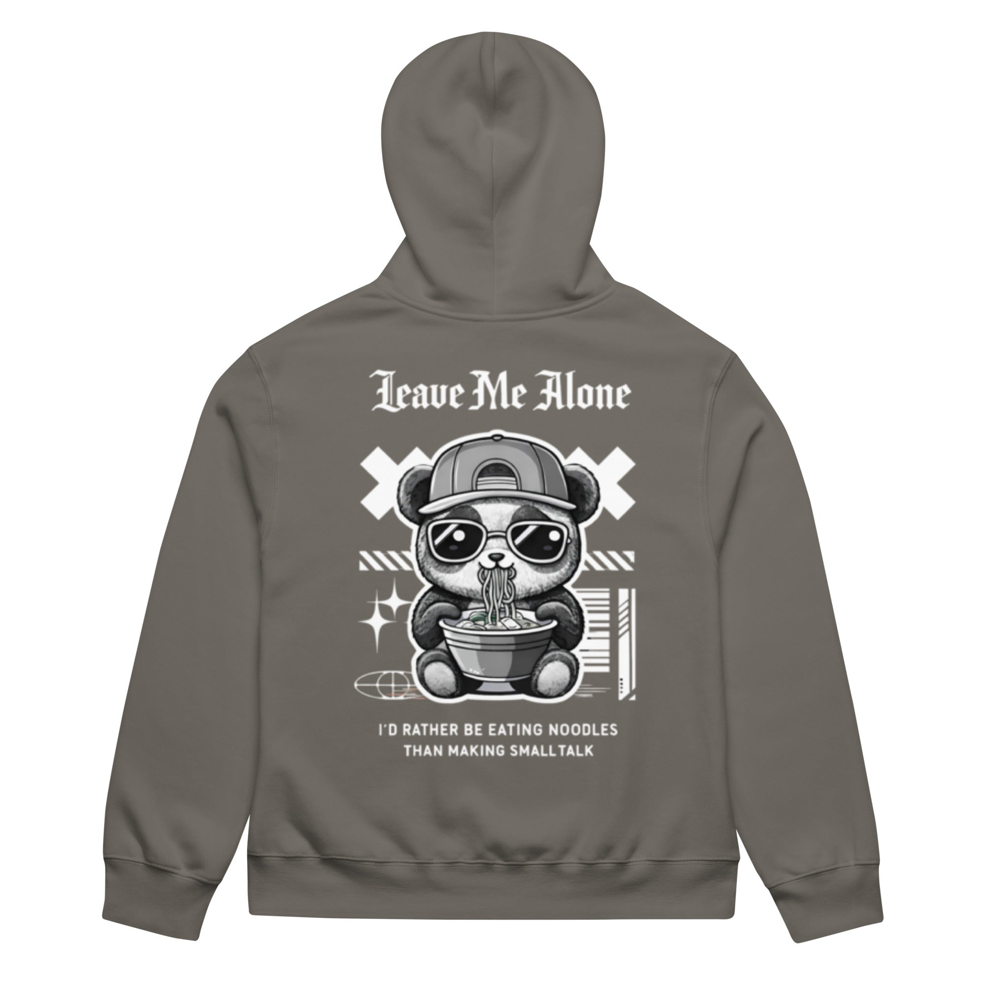 Grey oversized streetwear hoodie with panda eating noodles graphic and “Leave Me Alone – I’d rather be eating noodles than making small talk” back print, unisex casual sweatshirt