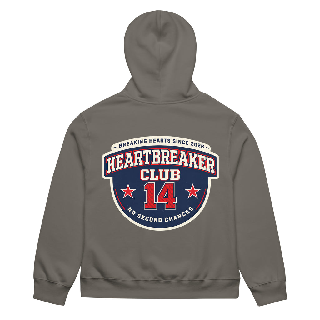 Asphalt hoodie back view featuring large “Heartbreaker Club 14” varsity emblem with red stars and text “Breaking Hearts Since 2026 – No Second Chances”