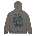 Charcoal grey women’s oversized hoodie with “Multiple Girl Personalities” graphic print on the back, women’s streetwear fashion sweatshirt product image.