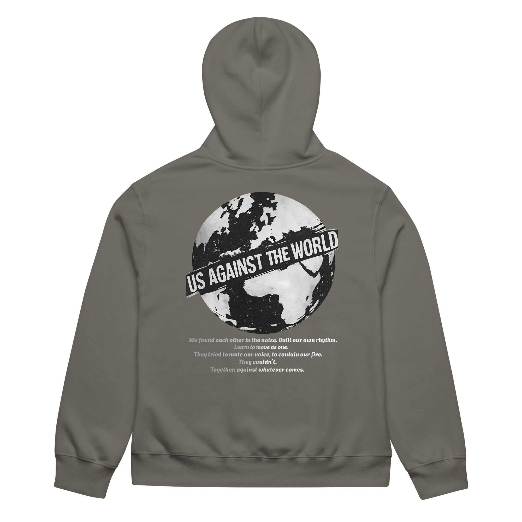 Back view oversized grey graphic streetwear hoodie world tour design streetwear fashion