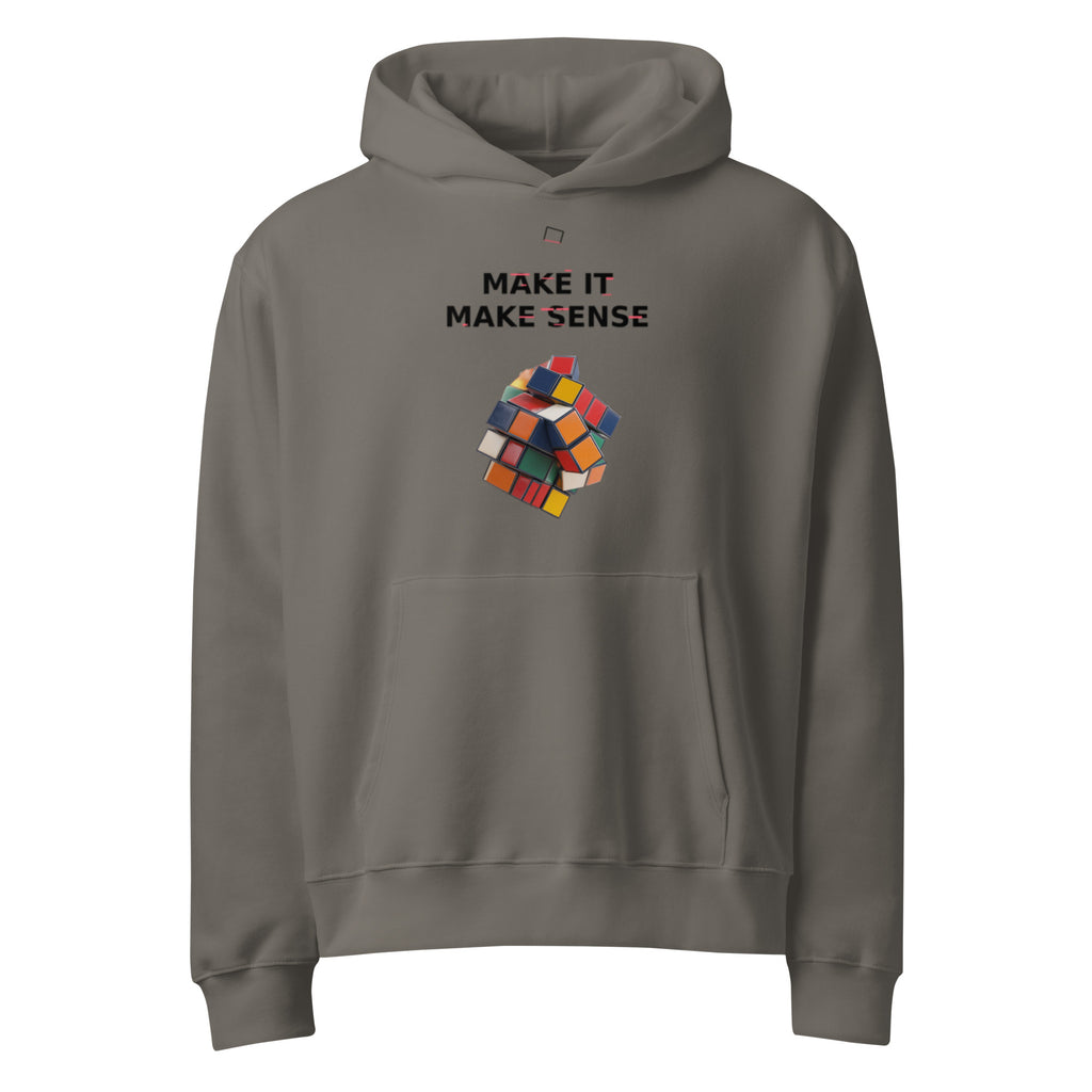 Oversized asphalt streetwear hoodie with make it make sense typography and colorful distorted cube graphic, front view