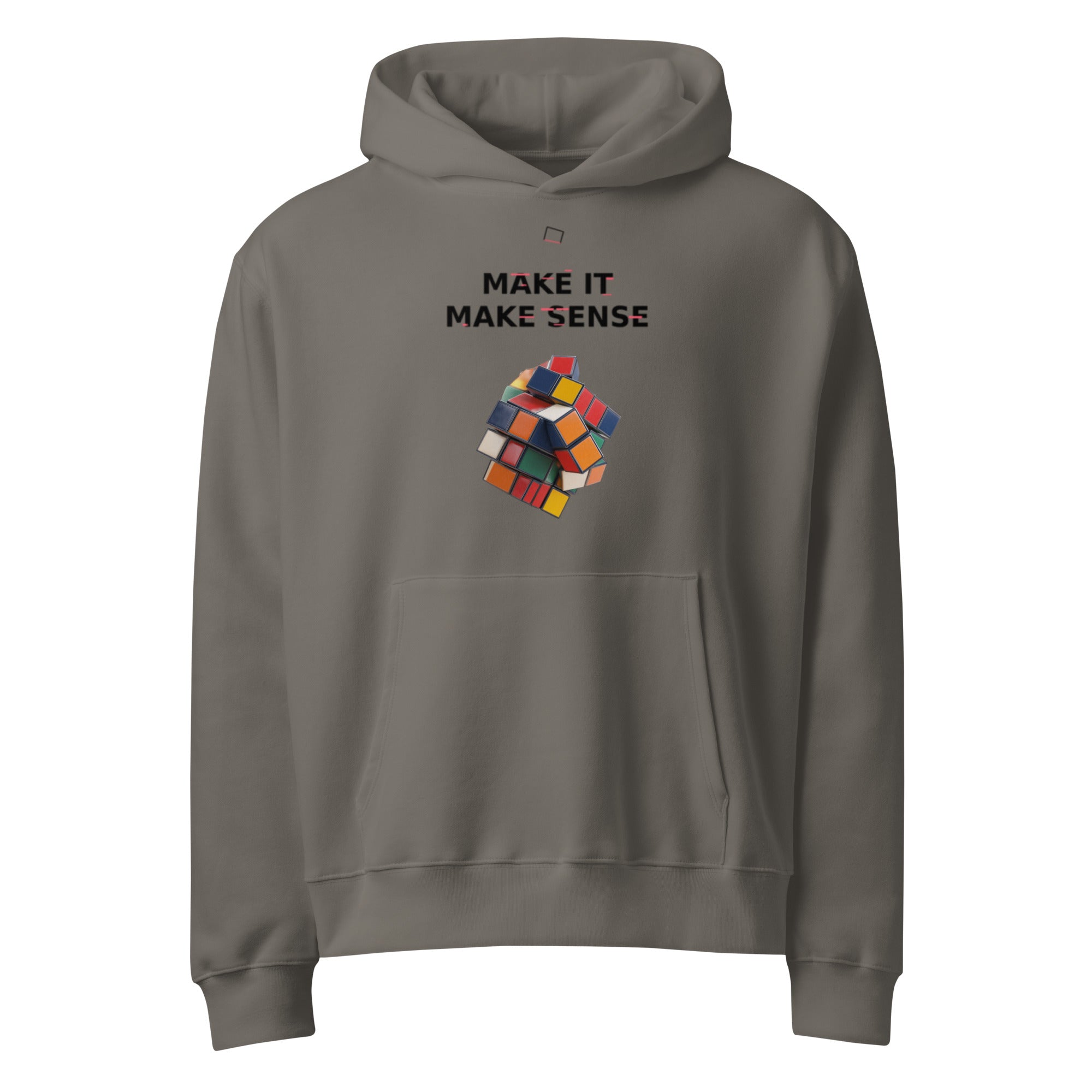 Oversized asphalt streetwear hoodie with make it make sense typography and colorful distorted cube graphic, front view