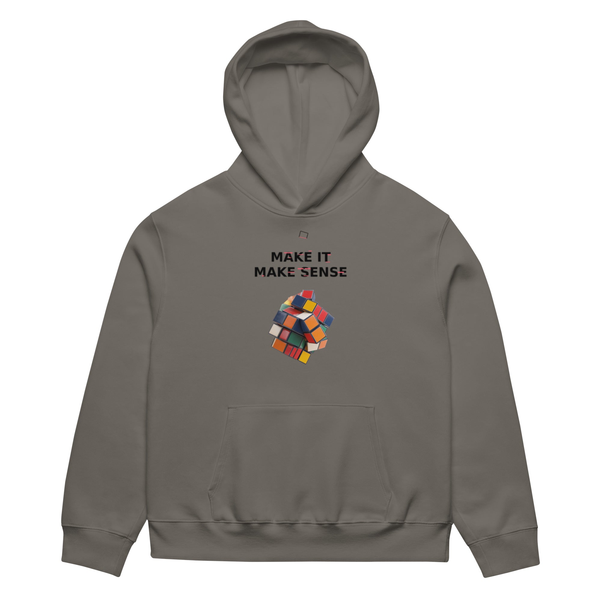 Oversized charcoal grey streetwear hoodie with make it make sense typography and colorful distorted cube graphic, front view