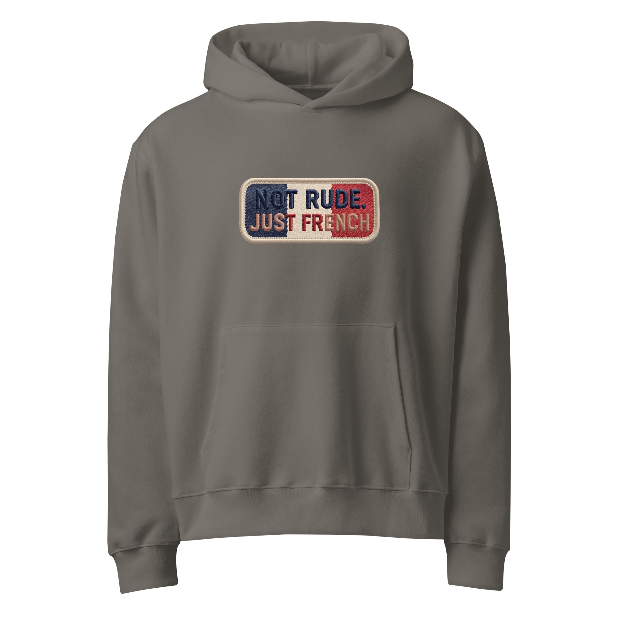 Asphalt oversized hoodie with “Not Rude Just French” statement patch, front view