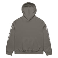 Asphalt unisex oversized streetwear hoodie front view with minimalist design and printed sleeves.