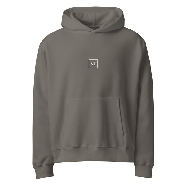 Grey unisex hoodie front view, casual streetwear sweatshirt with relaxed fit
