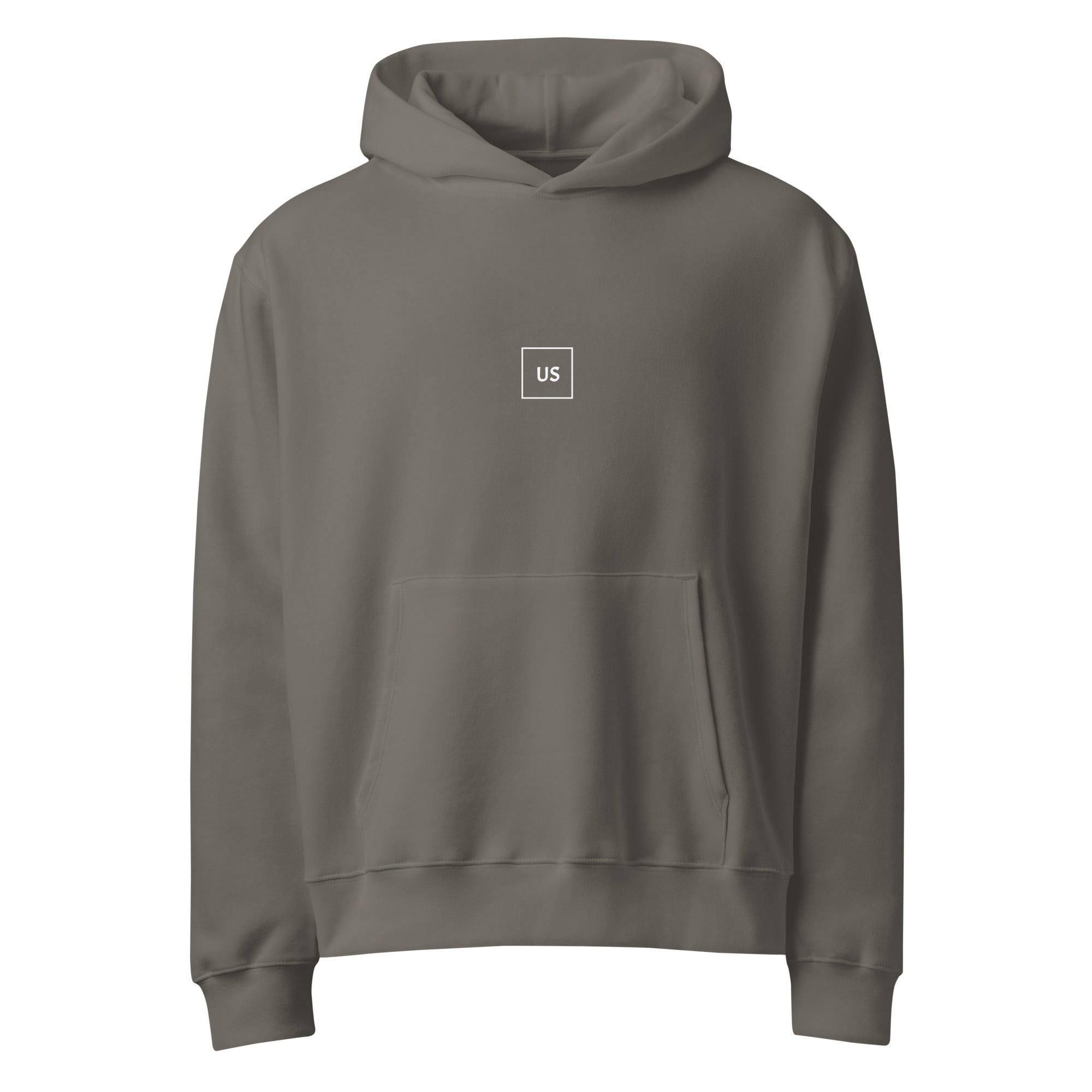 Grey unisex hoodie front view, casual streetwear sweatshirt with relaxed fit