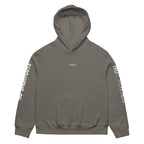 Grey hoodie with minimal front logo, clean streetwear hoodie front view by Noiré.