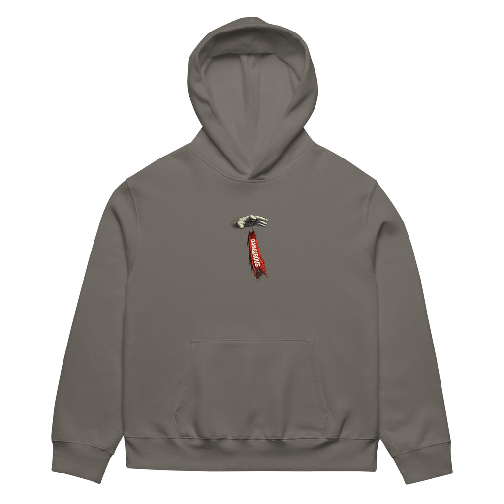 Asphalt oversized hoodie front view with small vertical red chest logo