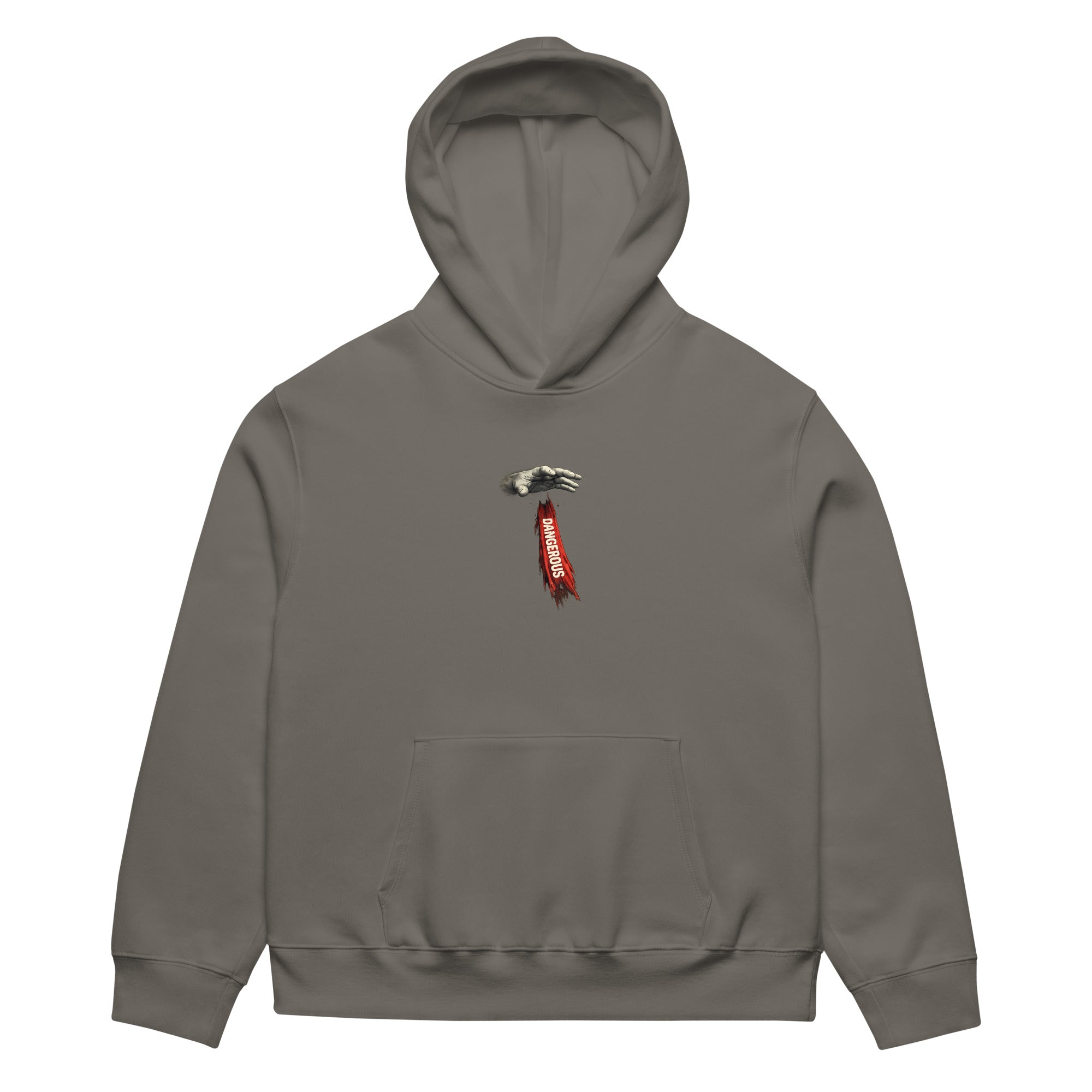 Asphalt oversized hoodie front view with small vertical red chest logo