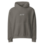 Oversized streetwear hoodie in asphalt with minimal Social Off chest logo, front view
