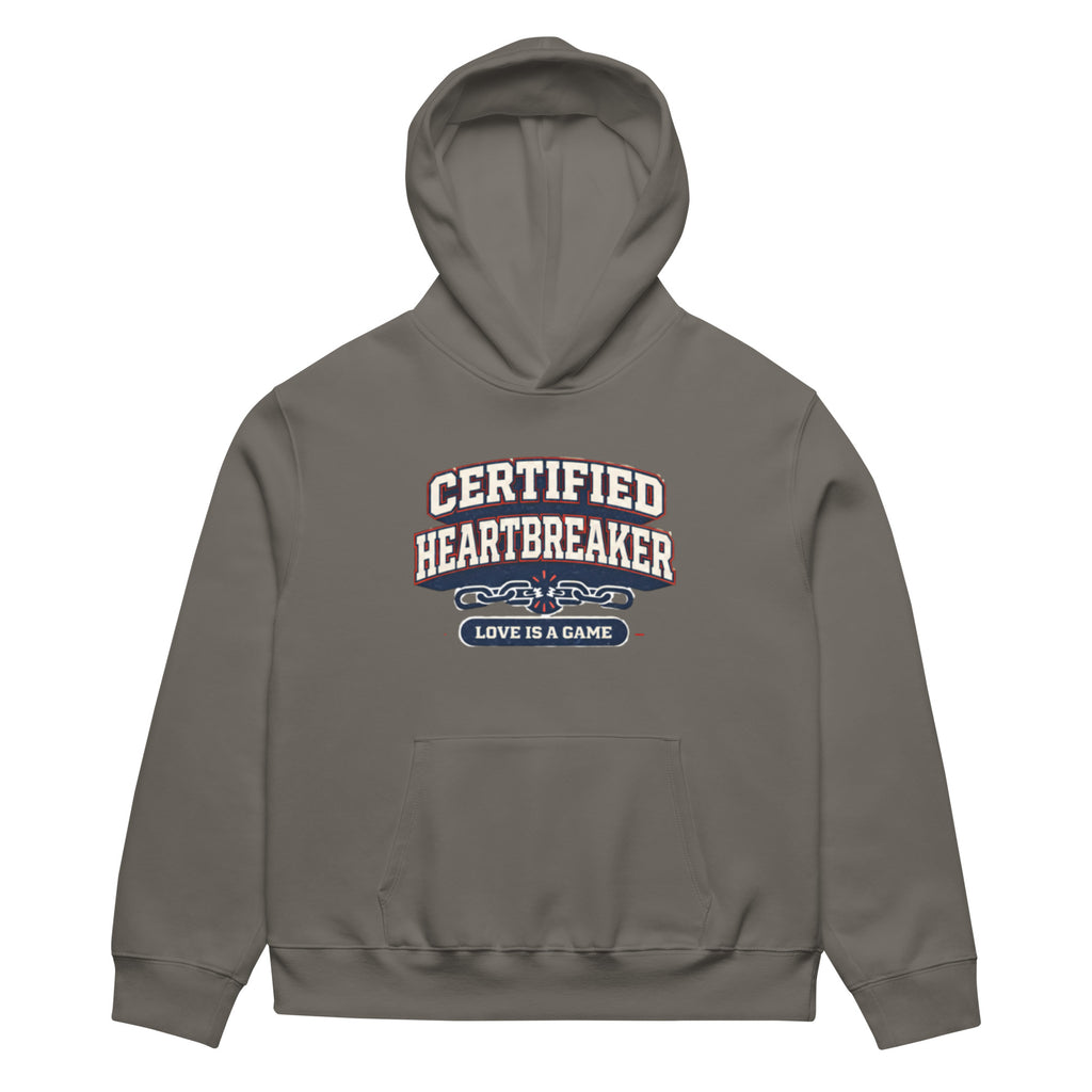 Asphalt hoodie front view with “Certified Heartbreaker” varsity-style graphic and “Love Is a Game” slogan in red and navy collegiate typography