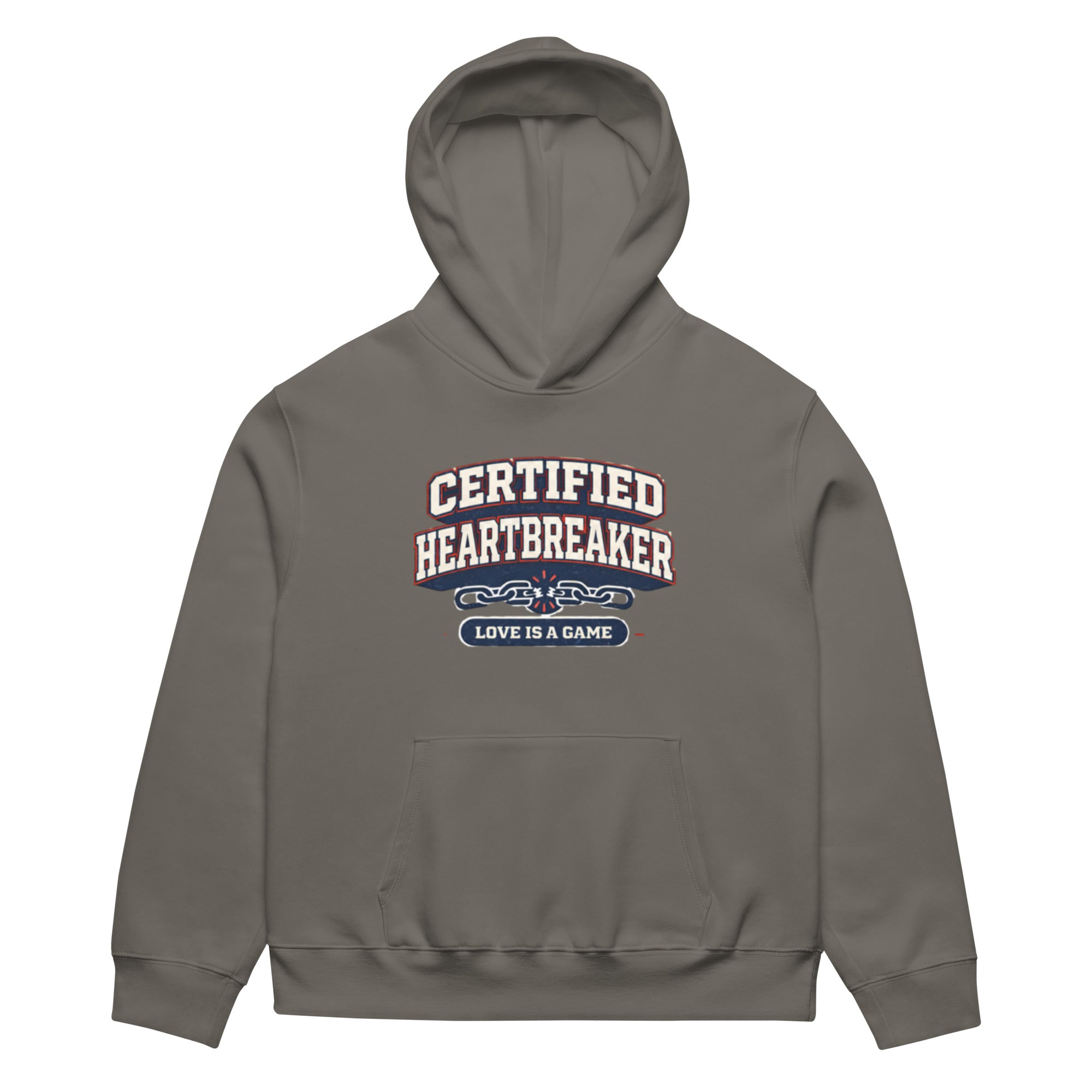 Asphalt hoodie front view with “Certified Heartbreaker” varsity-style graphic and “Love Is a Game” slogan in red and navy collegiate typography
