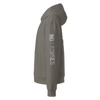 Asphalt unisex oversized streetwear hoodie side view with “No Excuses” sleeve print.