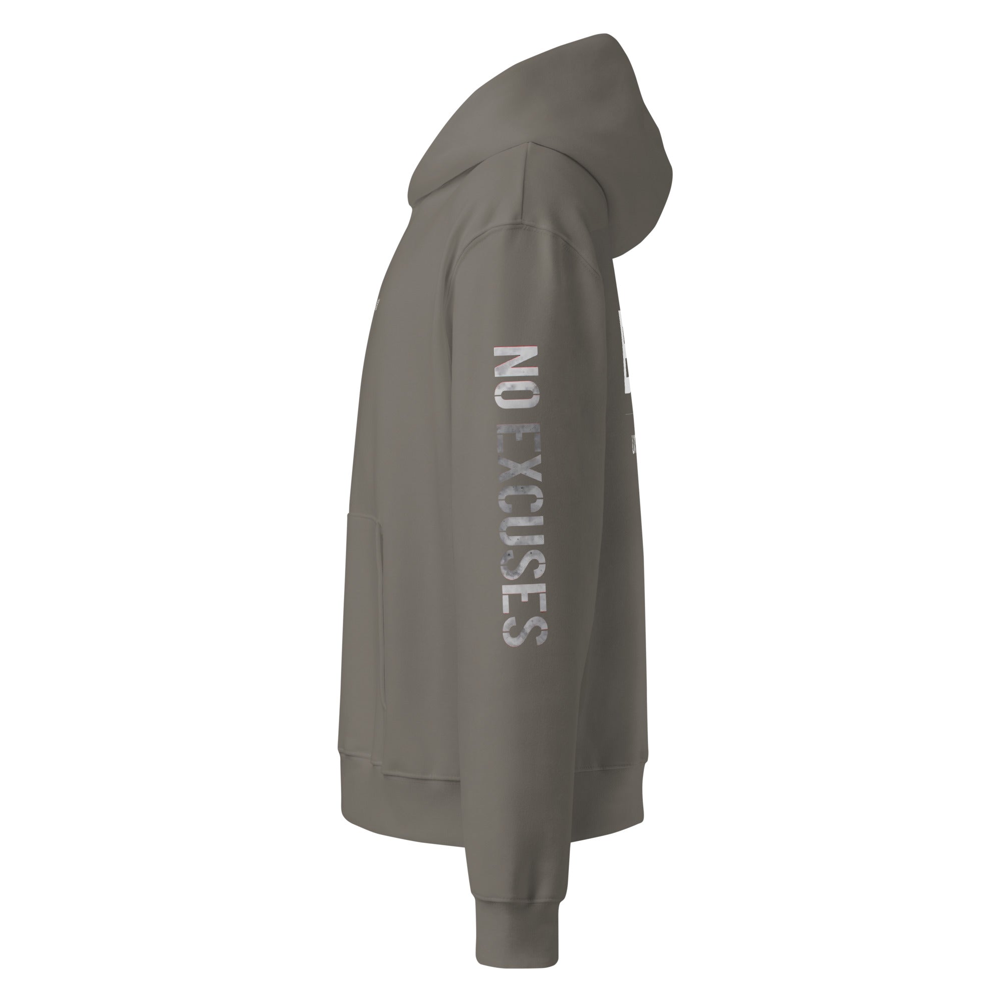 Grey hoodie with vertical sleeve print detail, side profile – modern urban hoodie by Noiré.