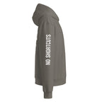Grey hoodie with vertical sleeve print detail, side profile – modern urban hoodie by Noiré.