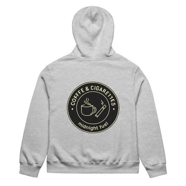 unisex streetwear hoodie back view with “Coffee & Cigarettes Midnight Club” circular graphic print
