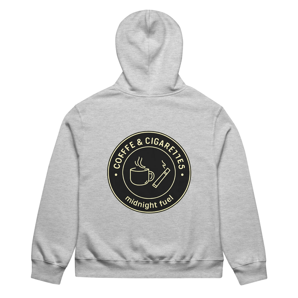 unisex streetwear hoodie back view with “Coffee & Cigarettes Midnight Club” circular graphic print
