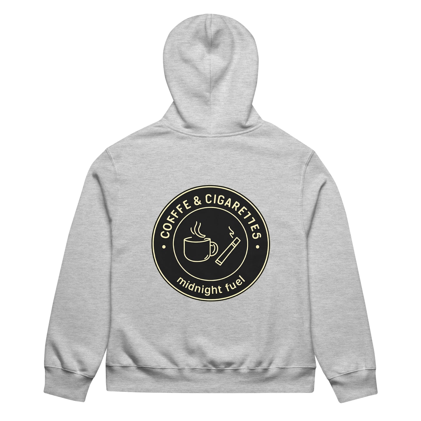 unisex streetwear hoodie back view with “Coffee & Cigarettes Midnight Club” circular graphic print
