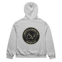 unisex streetwear hoodie back view with “Coffee & Cigarettes Midnight Club” circular graphic print
