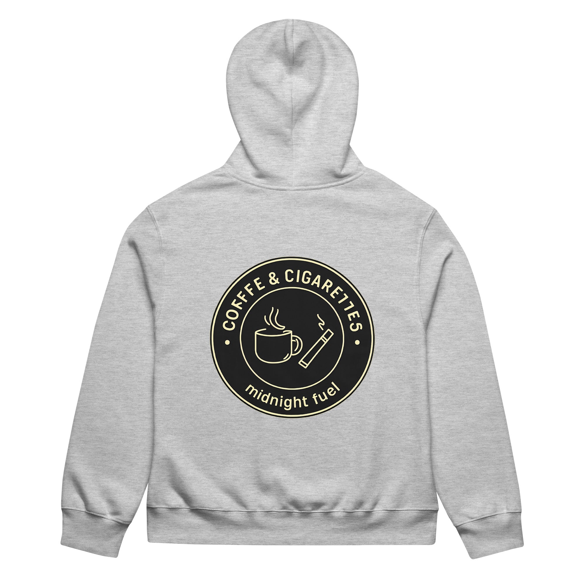 unisex streetwear hoodie back view with “Coffee & Cigarettes Midnight Club” circular graphic print
