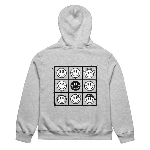 athletic heather gray unisex hoodie back view with smiley icons grid artwork
