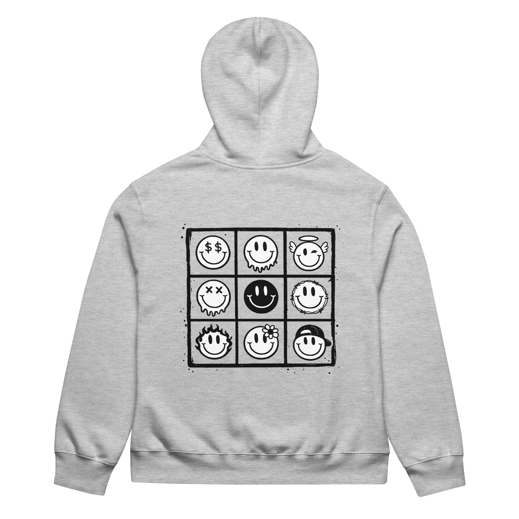 athletic heather gray unisex hoodie back view with smiley icons grid artwork
