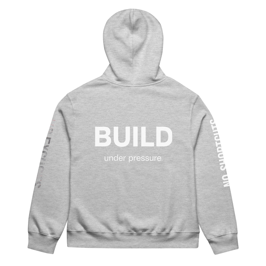  Athletic heather hoodie with large BUILD back typography print, rear view – contemporary streetwear by Noiré.