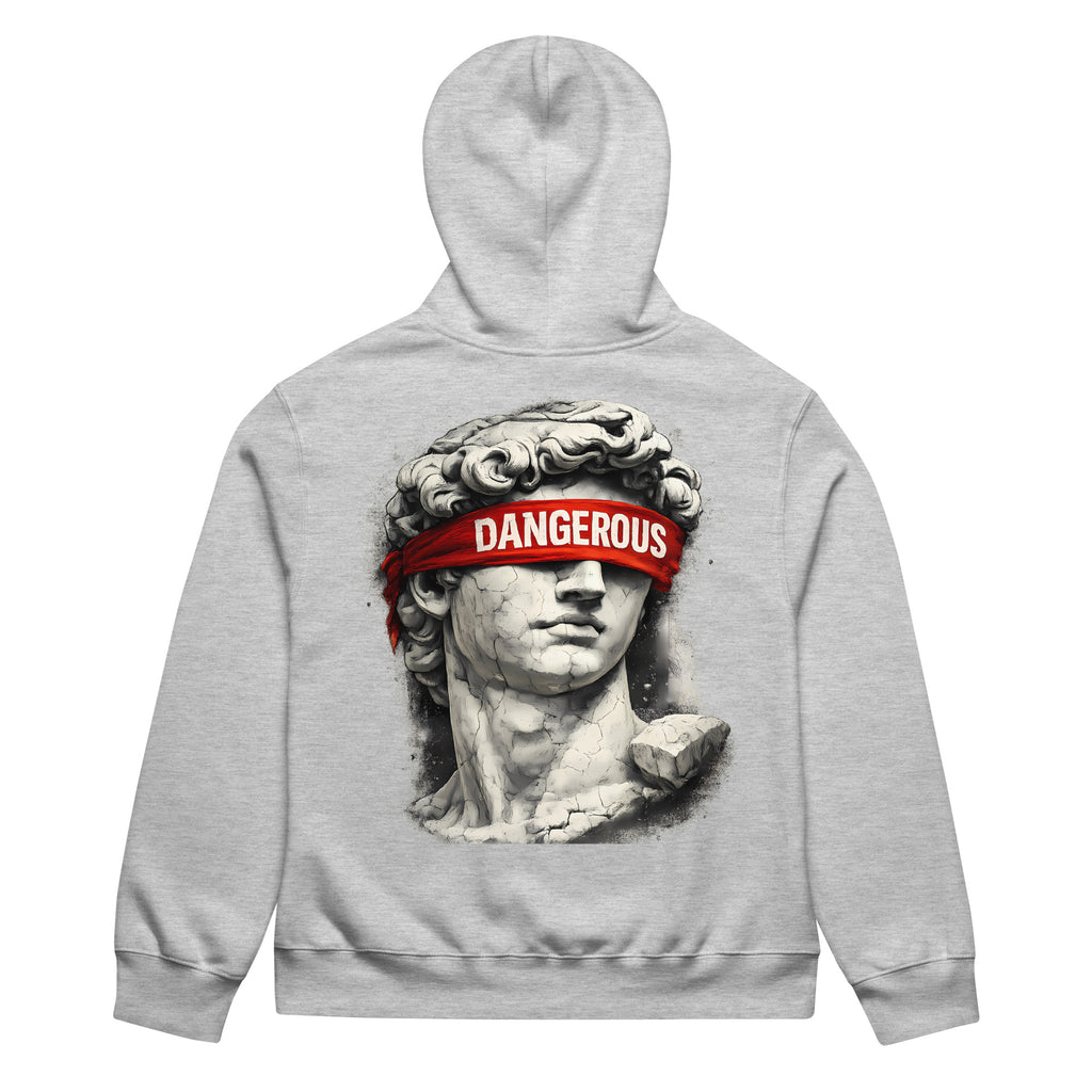 Athletic heather oversized hoodie back view with classical statue head graphic and red “DANGEROUS” streetwear print